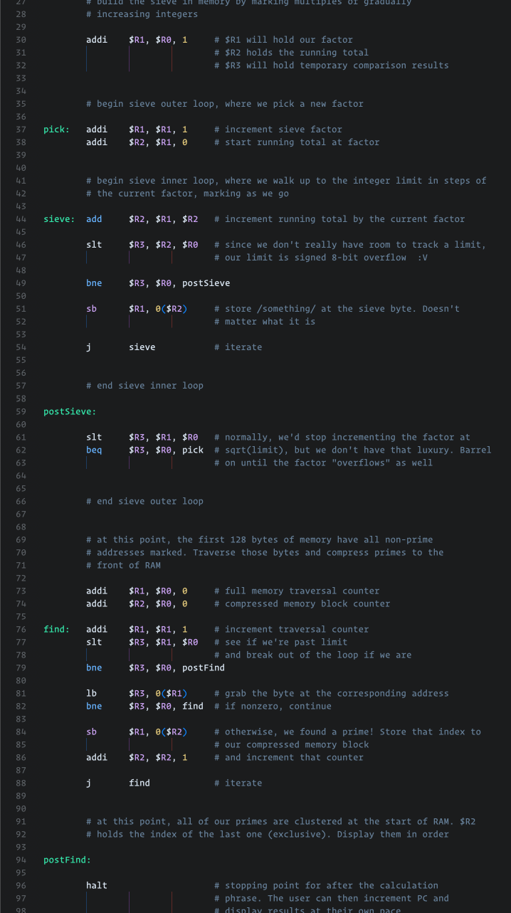 A screenshot of a code editor showing my prime seive implementation. In view are functions to increment the sieve, do a round of the sieve, clean up, find the resultant primes, and clean up memory