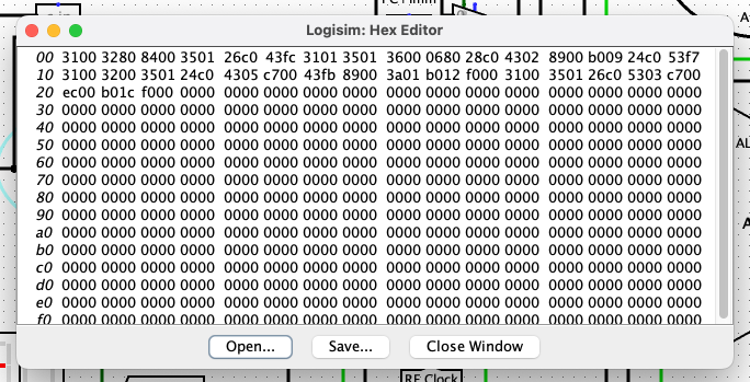 A screenshot of Logisim's hex editor, showing my assembled prime sieve as represented in memory