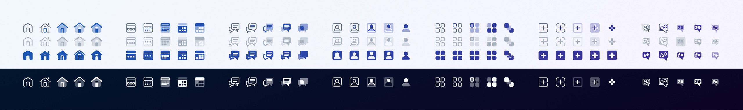 A collection of icons I drew for this project. There are several icons each drawn in five styles and four states, for a total of twenty drawings per icon